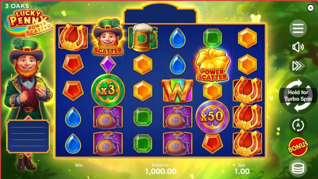 Tampilan visual slot Lucky Penny Power Scatter dengan tema hutan Irlandia