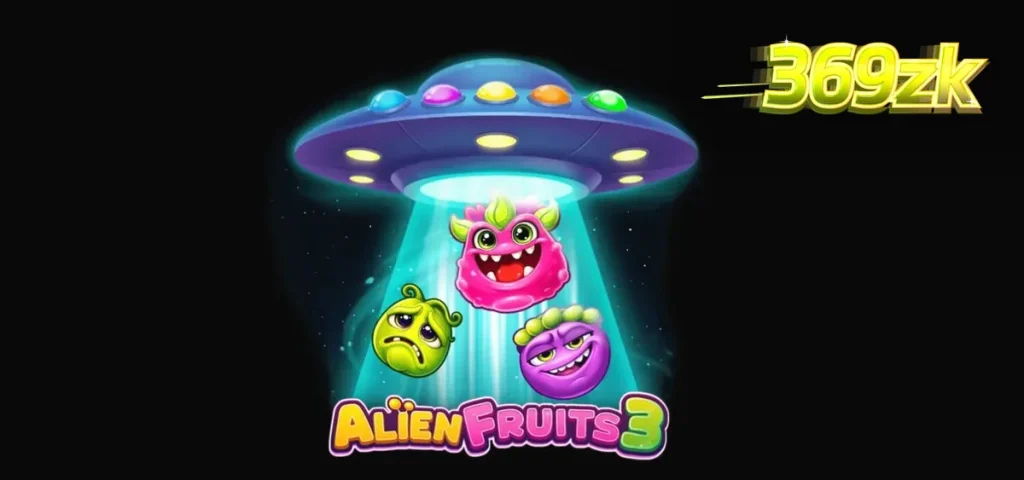 Tampilan visual neon dan futuristik dari slot Alien Fruits 3 dengan grid 8x8 yang penuh warna.