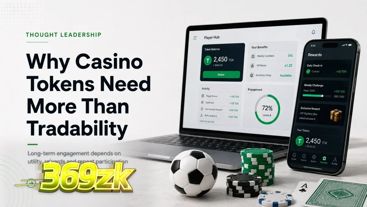 Ilustrasi token kripto dengan latar belakang kasino digital, menunjukkan konsep utilitas dan keterlibatan jangka panjang.